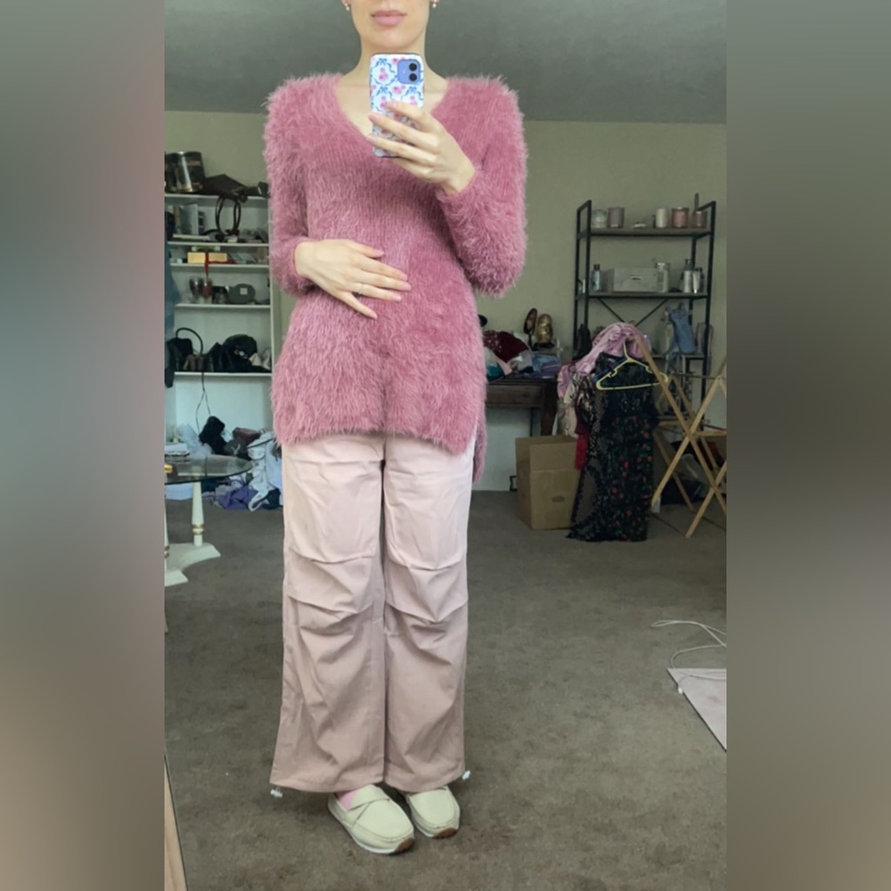 Fuzzy Dusty Rose Pink Long Sweater